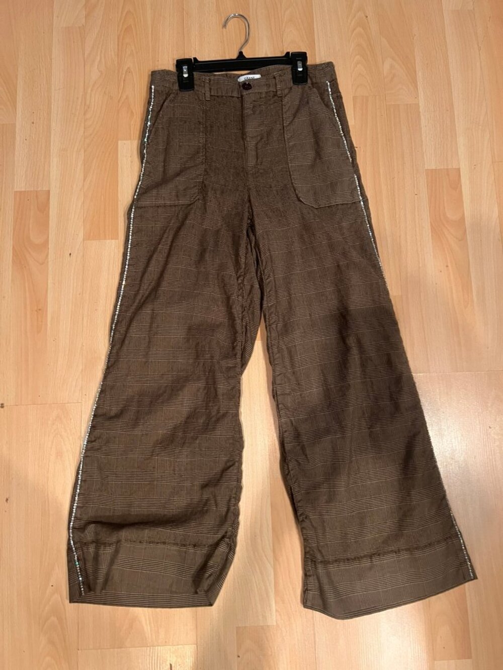 $525 GANNI MERKEL GLEN PLAID WIDE LEG SILK WOOL PANTS SZ 36 / 4 US